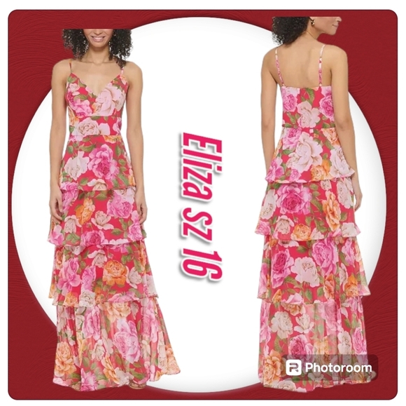 Eliza J Womens Floal Print Ciffon Sleevless Tiered Pink Long Maxi Dress